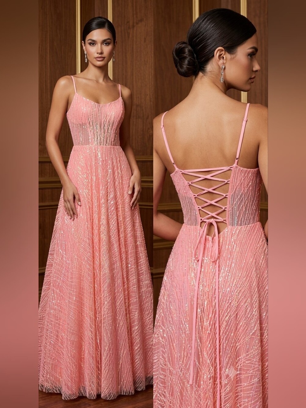 Say Yes Women's Junors' Pink Illusion-Front Lace-up-Back Glitter Gown Dress 5/6